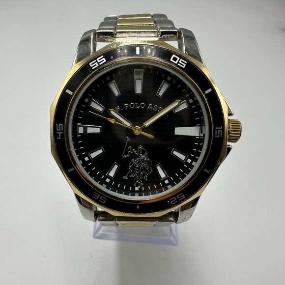 US Polo Assn Watch Men Two Tone Black Dial 44MM New Battery 8.25 Inch - Picture 1 of 11